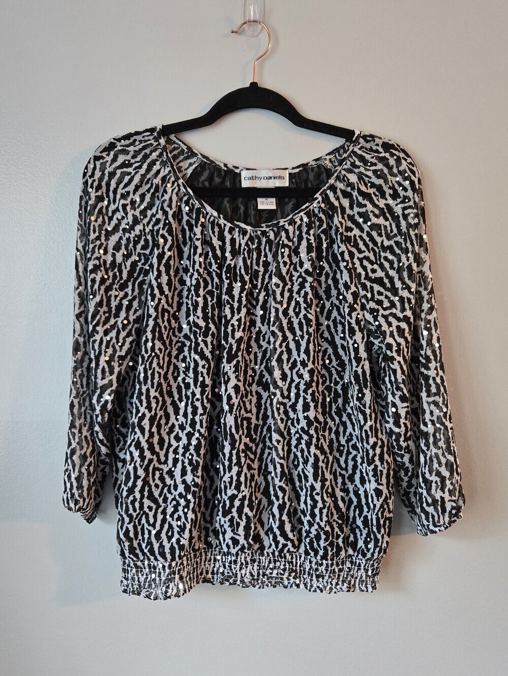 Cathy Daniels Sequin Smocked Blouse Black White Animal Print Sheer Size Medium